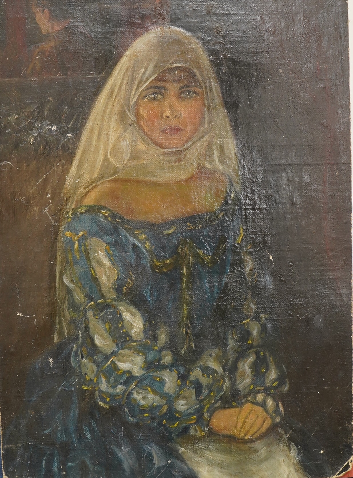 Greek School, oil on canvas laid on board, Portrait of a bride, 35 x 25.5cm, unframed. Condition - poor